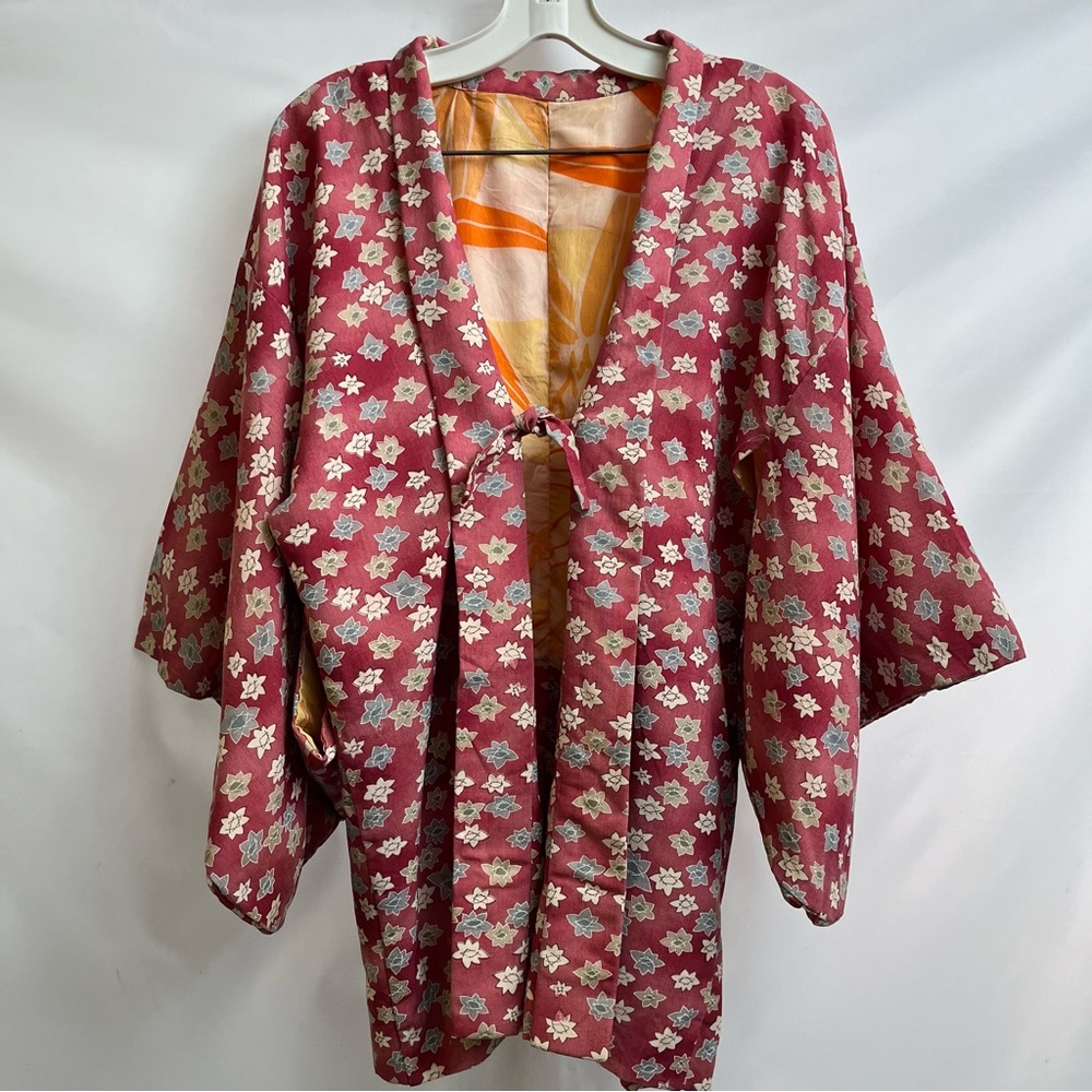 Vintage Japanese Kimono - silk lined - size M dye transfer floral unique fabric